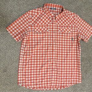 Stio Eddy Tech Shirt Mens XL Red Plaid Short Sleeve UPF Shirt Pearl Snap EUC